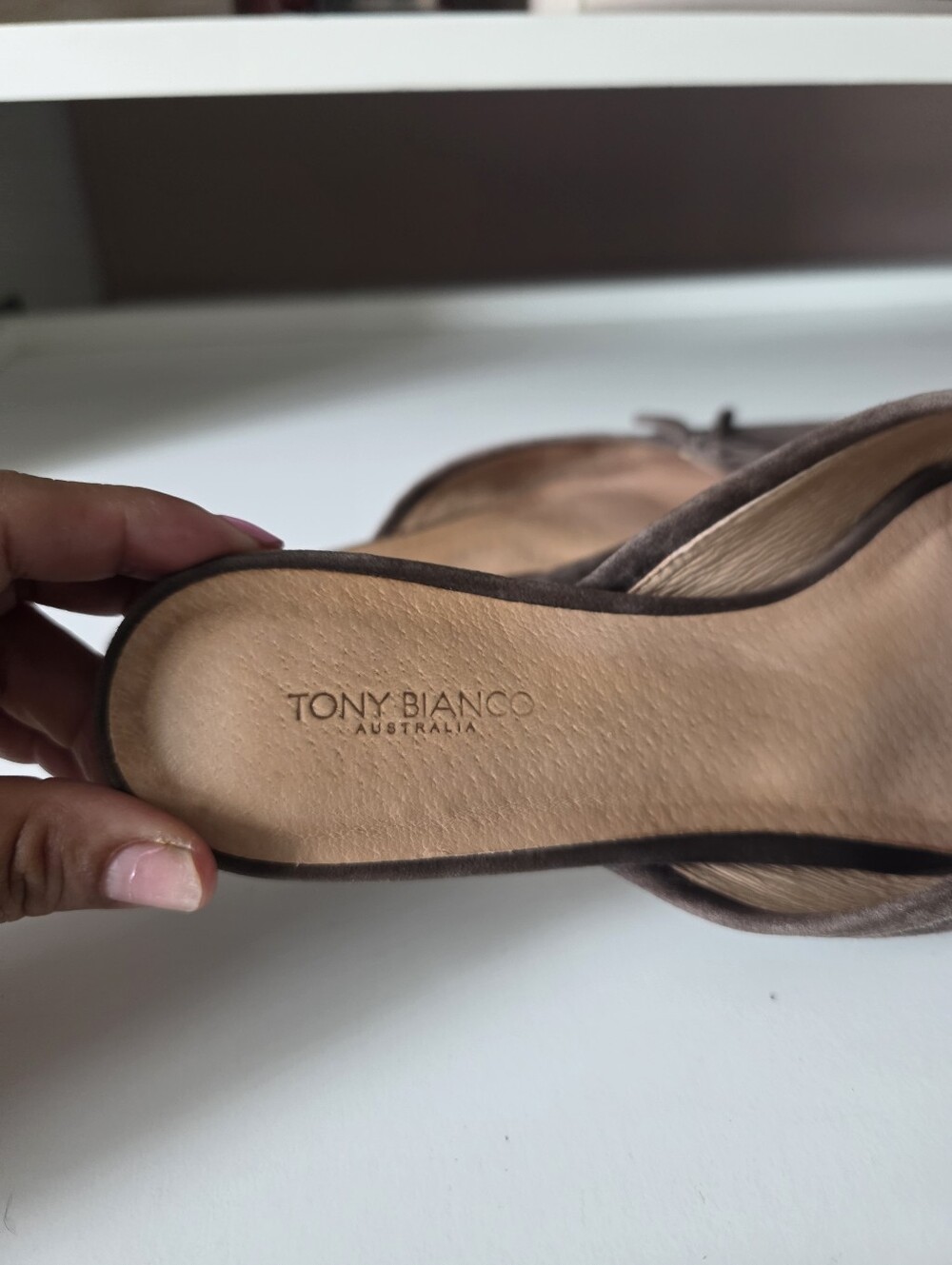 Tony Bianco Taupe Pointed Toe Suede Bow Mules - Picture 3 of 4